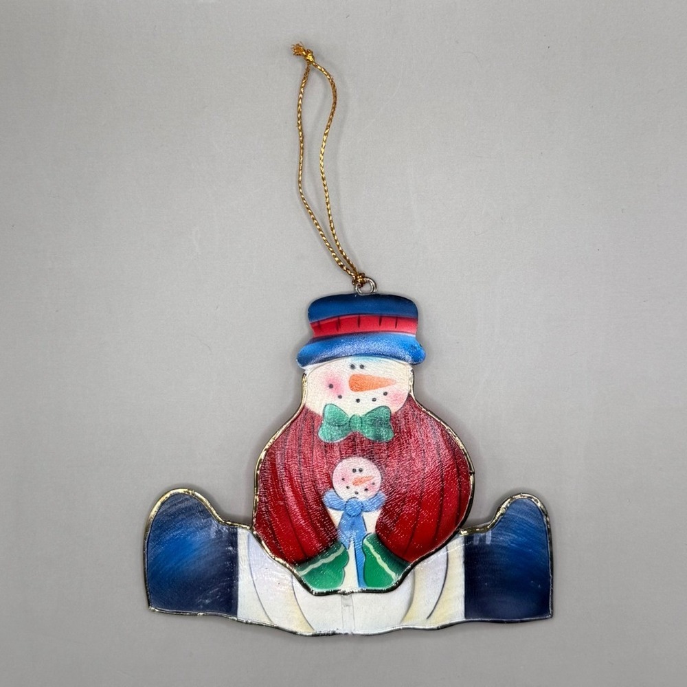 Vintage Capiz Shell Snowman Christmas Tree Ornament Hand Painted Suncatcher